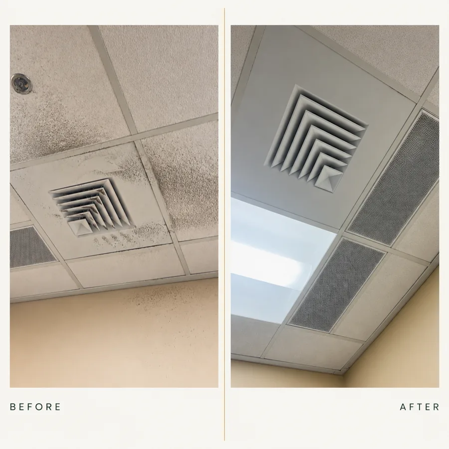 Before and after cleaning a ceiling vent and surrounding ceiling tiles