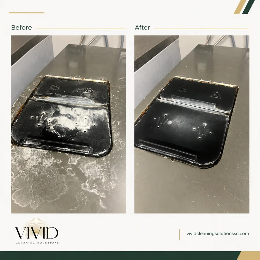 Before and after removing buildup from a surface and tray